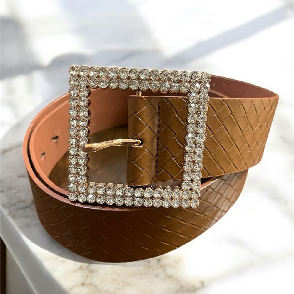 Elegant Plus Size Brown Woven style Belt with Rhinestone Buckle New